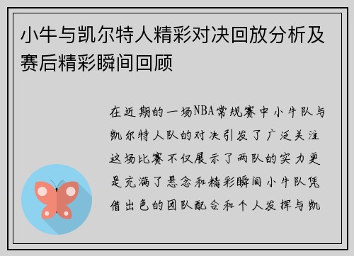小牛与凯尔特人精彩对决回放分析及赛后精彩瞬间回顾